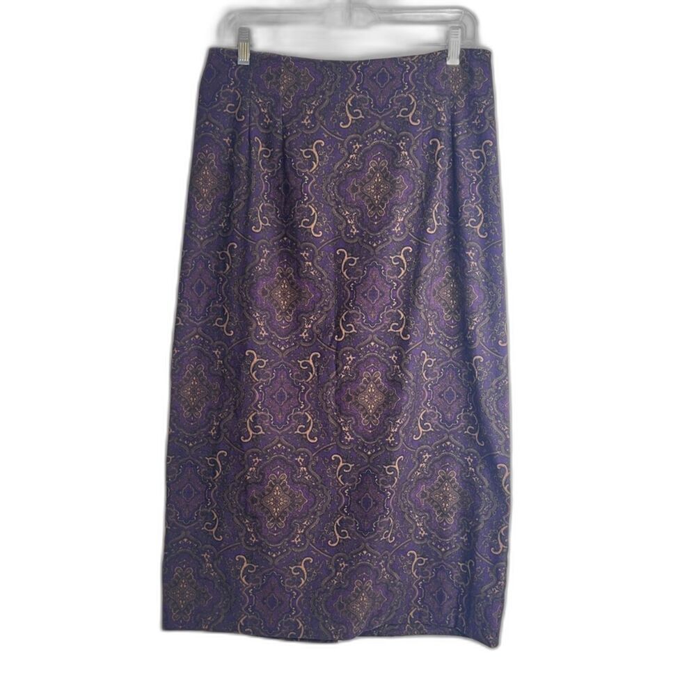 Briggs New York Velvety Straight Midi Skirt Purple Tapestry Brocade Size 14P VTG